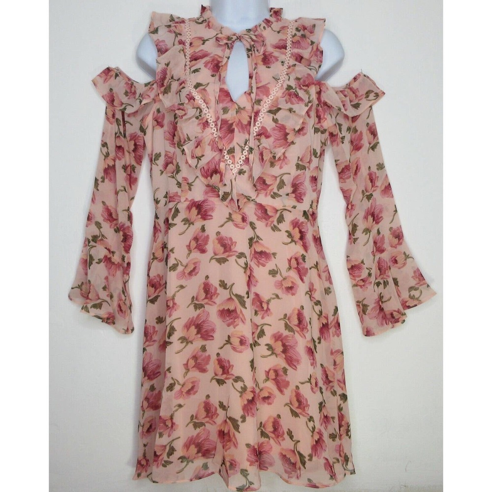 Loveriche Womens M Pink Floral Cold Shoulder Ruffle Bell Sleeve Lined Dress Med
